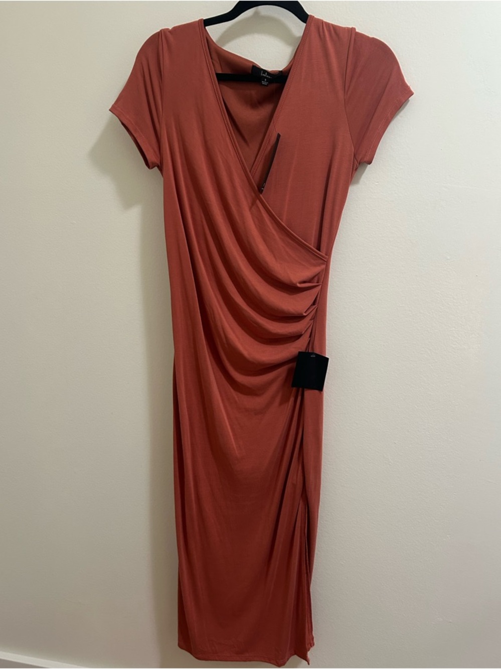 Lulu’s Cutest Moments Rusty Rose Short Sleeve Surplice Midi Dress
